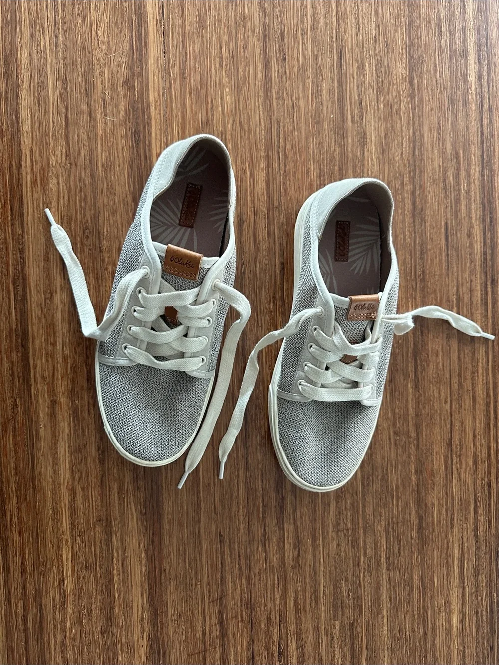 OluKai Women’s Knit Low-Top Sneakers in Light Gray and Cream